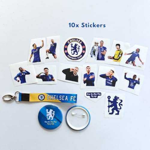 Image of TenorArts Chelsea Gift Box Merchandise for Fans - 5x7 Inches Laminated Photo Frame,1 Chelsea Keychain, 1 Badge, 4 4x6 inches Sized Posters, 10 Multi sized Football Stickers - 5 items in 1 Box | Perfect for Gifting Fans