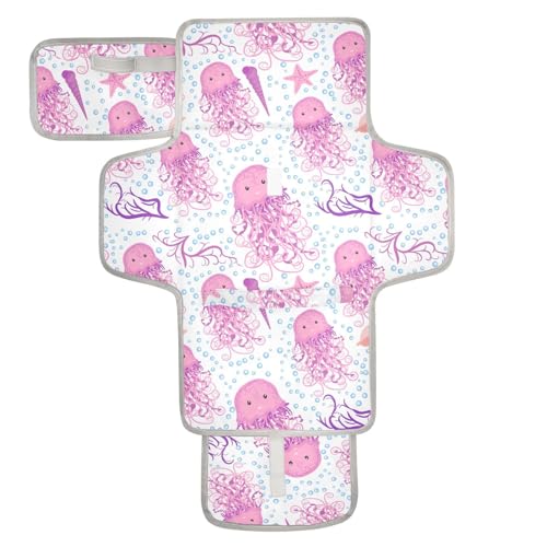 Image of Portable Changing Pad for Baby - Jellyfish Pattern Waterproof Diaper Changing Mat Travel Changing Pad with Built-in Pillow - Shower Gift for Baby