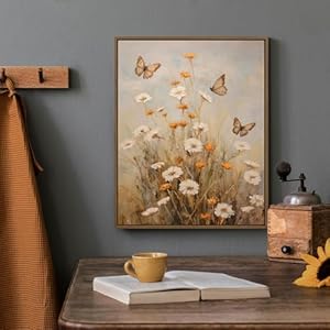 Gardenia art framed butterfly wildflower wall art retro countryside daisy wall picture rustic botanical floral landscape canvas painting for farmhouse bedroom living room aesthetic room decor 8x10inch  urban country home decor