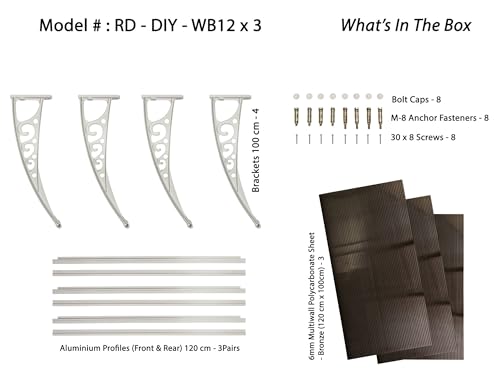 Image of CHENNAI Window Blinds and Shades DIY Polycarbonate Awning (Engineered Plastic Brackets) Window Sunshade Door Weather Shed Rain Canopy Awnings - 12'Widthx3'Depth (White Brackets & Bronze Sheets)