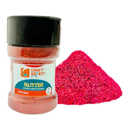 CRAFT BASKET® Ultra Fine Glitter for Art & Craft (50 Colours)(All Packs: 10 g,25 g,50 g,100 g,200 g,500 g) DIY Projects, Resin & Nail Art, Multi-Purpose Sparkle Glitter (Holo Red, 25 g)