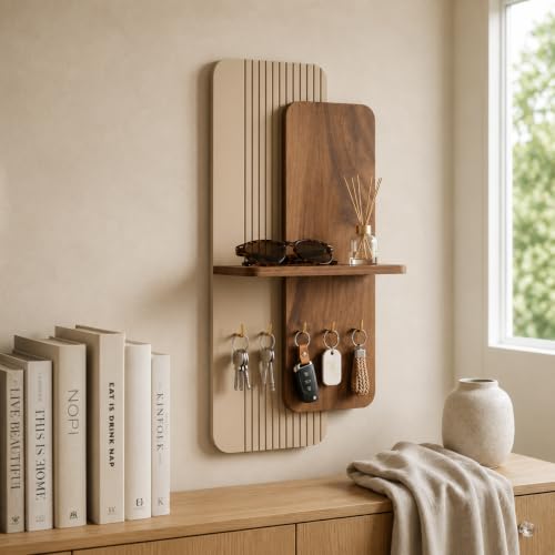 Image of Home Sparkle Wall Mounted Key Holder for Home Entrance with Shelf | Premium MDF Wood Organizer with Paint Finish | Modern Key Hanger Rack with 5 Hooks for Keys & Daily Essentials |Walnut & Ivory White