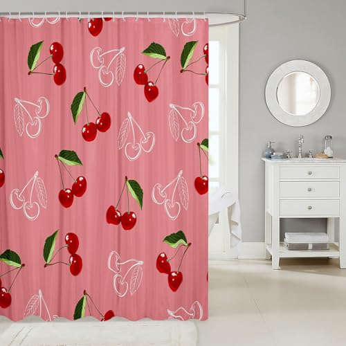 Image of Cherry Bath Curtain Girls Red White Cherry Bathroom Shower Curtain Set Fresh Fruit Theme Shower Curtain for Kids Adults Sweet Cherry Waterproof Bathroom Curtains Bright Vibrant Room Decor 72x78 Inch