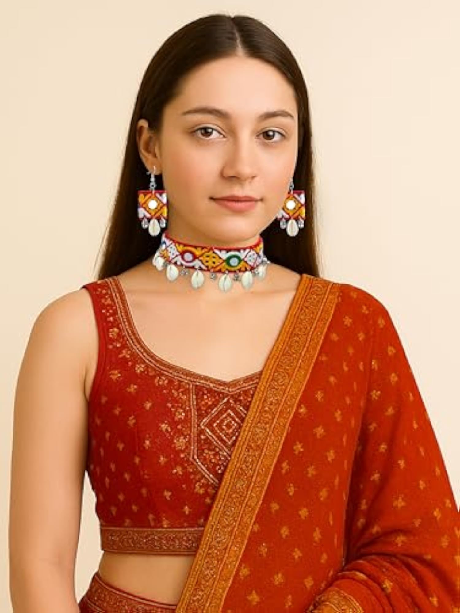 Handmade Fabric Necklace for Navratri with Cowrie Earrings