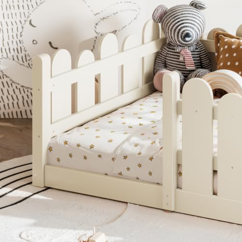 Image of Bellemave Twin Size Kids Montessori Floor Bed,Floor Bed Frame with Rounded Safety Guardrail,Solid Wood Montessori Bed for Girls Boys,Beige