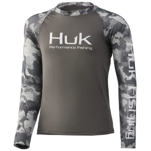 Huk Kids' Standard Double Header Long Sleeve Shirt +Sun Protection, Refraction-Storm, Small #TOP9