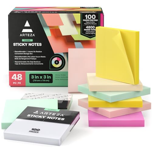 Notes adhésives haut de gamme ARTEZA 48 blocs multicolores de 100 pages vierges