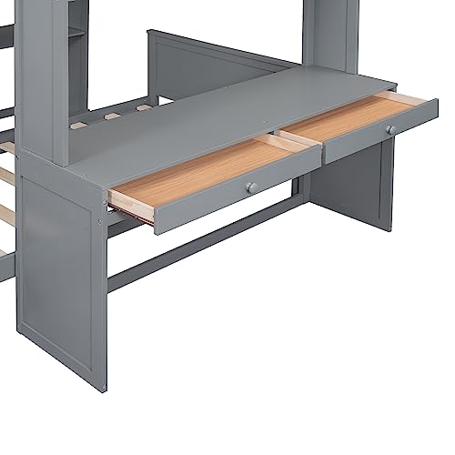 Harper & Bright Designs Full Over Twin Bunk Bed with Desk, Storage, Solid Wood Bunk Bed with Shelves and Wardrobe, Twin Size Loft Bed with a Stand-Alone Bed for Kids Teens Adults - Gray
