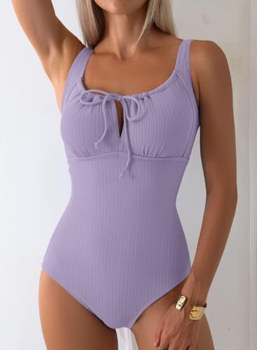 Image of Aleumdr Womens Textured One Piece Swimsuit Tummy Control Bathing Suit Tie Knot Cutout Swimwear