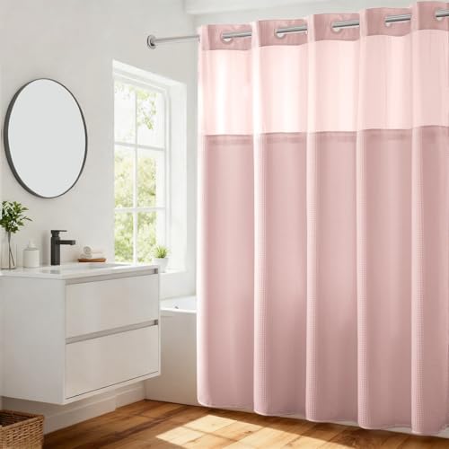 River Dream Waffle No Hook Shower Curtain with Liner,Light Pink,71x74