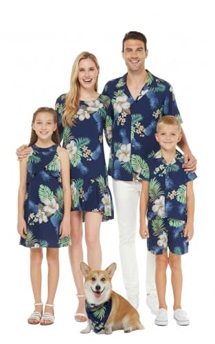 Image of Matchable Family Hawaiian Luau Men Women Girl Boy Clothes in Pineapple Garden Navy