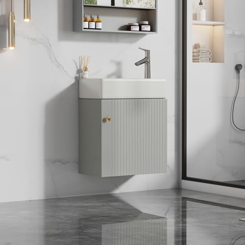 SHUGUANG Mueble Baño con Lavabo, Lavabo de Cerámica con Mueble de 46x26x56 cm, Mueble de Lavabo Suspendido, Mueble de Baño de Invitados Pequeño, Mueble de Lavabo para Inodoro, Gris/Blanco/Natural