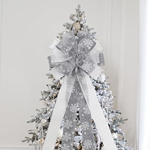 Christmas Tree Topper Bow 53X13 Inch Artificial Xmas Tree Topper Ornaments for Home Wedding Birthday Party Indoor Outdoor Thanksgiving Christmas Decorations Grey Silver