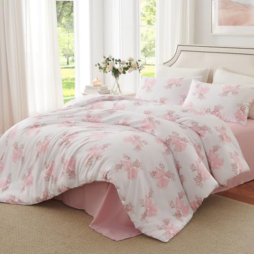Image of Nayoroom Pink Bow Duvet Cover Queen Size Coquette Pink Floral Duvet Cover 3 Pieces Soft Lightweight Microfiber Girls Cute Aesthetic Dorm Bedding Set