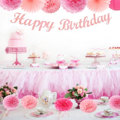 Image of Hot Pink Birthday Party-Decorations Paper-Flowers - 14pcs Happy Banner Girl Lanterns Tissue Pom Poms,Women Streamers Garland Fans,21st 18th Princess Baby Sweet 16 Pretty Hanging Supplies Decor Hugfond