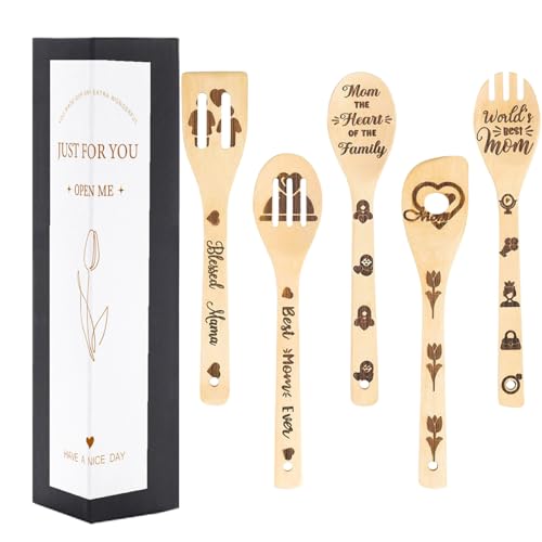 5PCS Wooden Spoons Utensils Set,Engraved Patterns Bamboo Cooking Spoon, Kitchen Cooking Decor Gifts...
