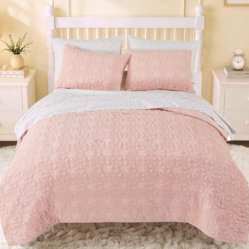 Image of Full Size Comforter Sets for Girls - 7 Pieces Pink Dasiy Bed in a Bag | Jacquard Floral Full Bedding Set, Soft Lightweight Cute Comforter with Printed Sheets, Pillowcases & Shams for All Seasons