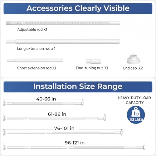 Image of ALLZONE Adjustable Tension Curtain Rod, 40-121 inches, Heavy Duty Curtain Rods No Drilling, Anti-Slip Tension Rod for Window, Shower, Outdoor & Patio, Easy to Install, 1.26In Diameter, White