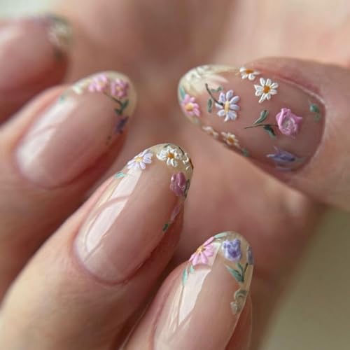 Colorful Flowers Press on Nails Short Almond Shaped Fake Nails Designs Embossed Floral False Nails Pink Glossy Acrylic Nails Full Cover Stick on Nails for Women Nails Manicure Decoration 24 Pcs
