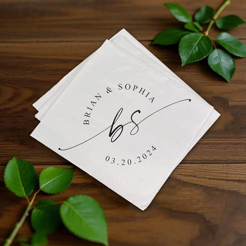 Image of Personalized Cocktail Napkins Wedding, Monogrammed Name Couple, Pack 50 100 150 300 500 Anniversary Party, Disposable Decoration Initials Beverage Bar Reception Cocktail Luncheon Dinner, Golden 5