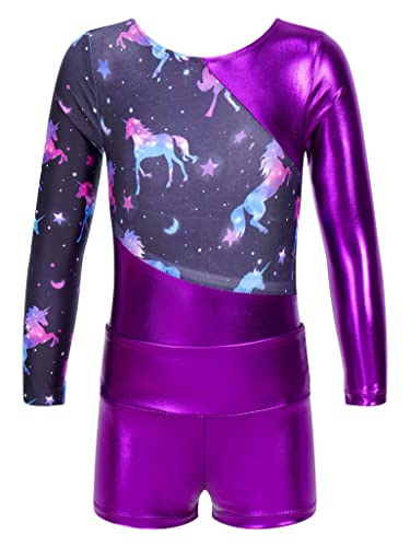 Moggemol Kids Girls Gymnastics Dance 2 Piece Outfits Long Sleeve Leotards With Shorts Sets Athletic Biketard Metallic,Purple 6 Years #TOP3