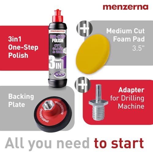 menzerna 3in1 Polishing Set – One-Step Polish (8oz) + Drill Machine Adapter + Medium Cut Pad | Polish Your Car with a Cordless Drill