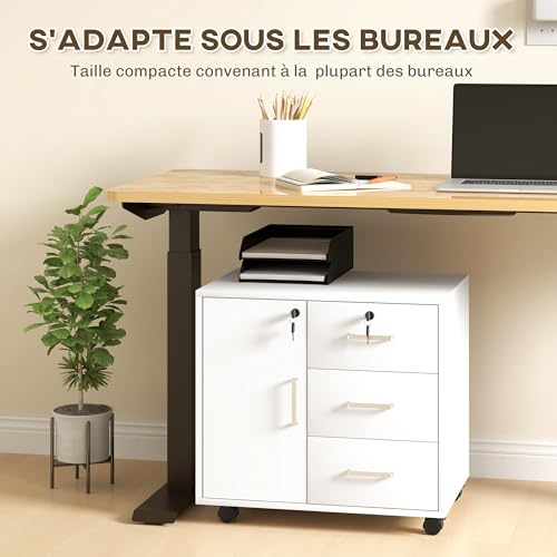 Caisson bureau 3 tiroirs verrouillables + étagère HOMCOM