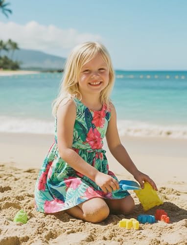Image of PATPAT Girls Summer Dress Hawaiian Floral Beach Tropical Sundress 2-7 Years | Midi Spaghetti Strap Dress with Lining
