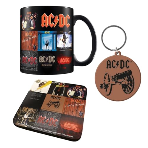 AC/DC Coffret cadeau (tasse, dessous de verre et porte-clés) – Produit officiel, comprend une tasse en céramique de qualité supérieure, un dessous de verre et un porte-clés, parfait pour les fans de