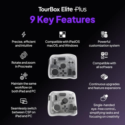 TOUR BOX Elite Plus - iPad Drawing Bluetooth Controller, Video Editing Photo Color Grading Speed Editor, Programmable Creative Console Keyboard for DaVinci Procreate Adobe Softwares and More