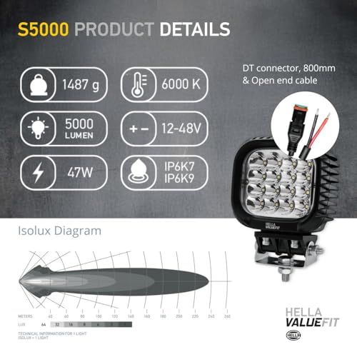 HELLA Valuefit 1GA 357 109-211 LED-Arbeitsscheinwerfer S5000-12/24V - 5000lm - Anbau - Bügelsystem - weitreichende Ausleuchtung - Kabel: 0.8m - Stecker: DEUTSCH Stecker - Menge: 1