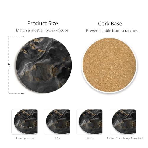 Image of Set of 6 Abstract Black Marble Coasters with Holder, Absorbent Ceramic Coasters for Drinks, Coasters with Cork Backing for Table Protection, Housewarming Gifts for New Home