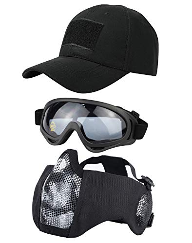 Hodeacc Lot de 3 masques tactiques pour airsoft,casquette de baseball,demi-masque réglable en maille avec protection des oreilles, ,chapeau de protection des yeux pour extérieur Airsoft/BB/CS