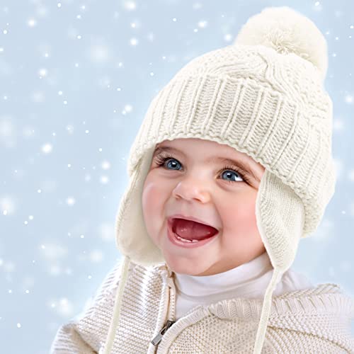 Bamery Winter Baby Infant Girl Beanie Knitted Toddler Baby Boys Hat Fleece Lined Earflap Hats With Pompom 0-3 Years (White Pompom, S) #TOP1