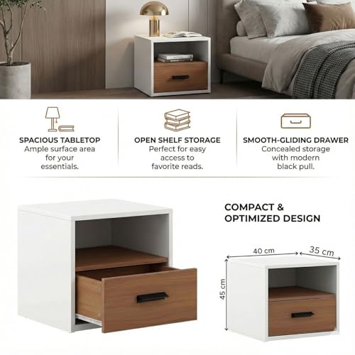 Image of FFO Side Tables for Bedroom with Drawers | Bed Side Table for Bedroom with Drawer, Wooden Bedside Drawer with Open Shelf, Modern Side Table for Bed Room, White Walnut Finish, DIY