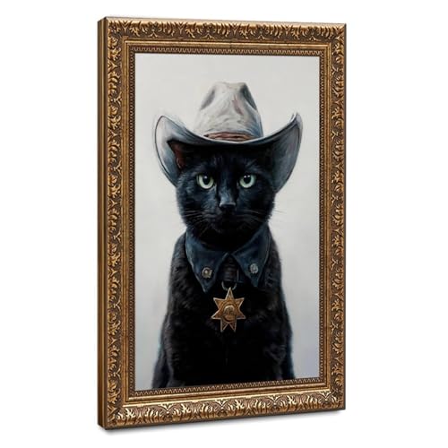 Peinture huile chat noir cowboy rétro décoration médiévale pour chambre et bureau 61x91cm