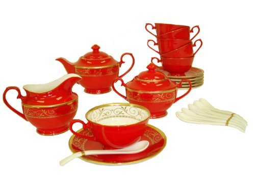 21- Piece Chun Ping Tea Set, Primary Red with Golden Leaves