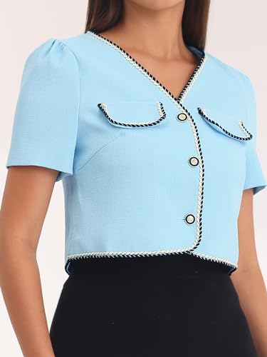 Women's Tweed Jacket Contrast Color Button Down Short Sleeve Work Office Blazer4