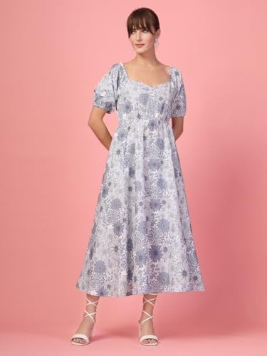 Image of OOMPH! Below Knee Shift Pink Dress in Crepe Fabric with Round Neck and Puff Sleeves - md619l