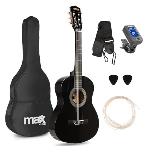 MAX SoloArt Junior 3/4 - Guitarra Española Infantil para niños de 8 a 12 años, Guitarra Clásica para Niños y Niñas, Funda, Afinador, Correa, Cuerdas de Nylon y púas para principiantes, Color negro