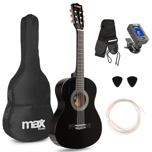 MAX SoloArt Junior 3/4   Guitarra Española Infantil para niños de 8 a 12 años, Guitarra Clásica para Niños y Niñas, Funda, Afinador, Correa, Cuerdas de Nylon y púas para principiantes, Color negro