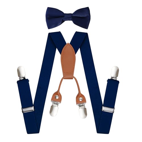 Topbuti Kids Boys Suspenders Bowtie Sets Adjustable Suspenders and Pre-tied Bow Tie with 4 Strong Metal Clips for Boys Girls (Navy Blue)