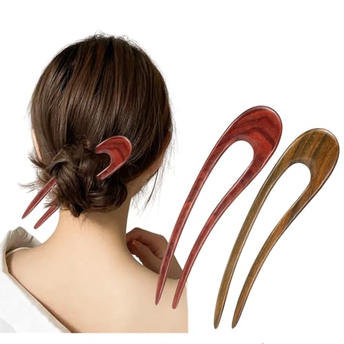 Monqueen U Shaped Hair Pins For Buns, Natural Sandalwood Hair Fork, French Hair Pin For Thick Thin Hair Brown Red, Hair Accessories For Women Long Hair, 2 Pack