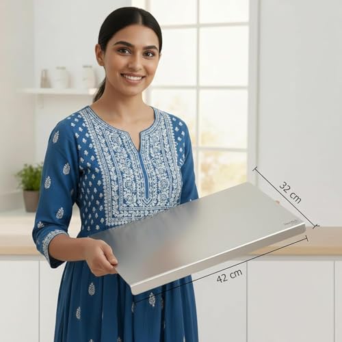 Image of Herrlich Homes Premium 304 Stainless Steel Chopping Board with Lip for Kitchen | 42 x 32 cm | Free Rollin Pin | for Cutting Vegetables, Fruits, Meat | Doughknead Board | Durable | Medium