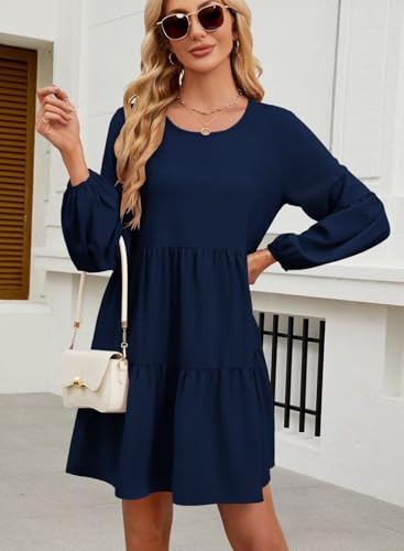 Image of QACOHU Falll Dresses for Women 2026 Crew Neck Long Lantern Sleeve Casual Loose Flowy Swing Shift Dress