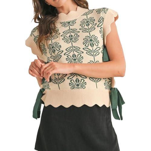 Image of Women Side Tie Sweater Vest Scallop Trim Mock Neck Knit Vest Bow Lace Up Ribbon Sweater Tank Top Knitwear