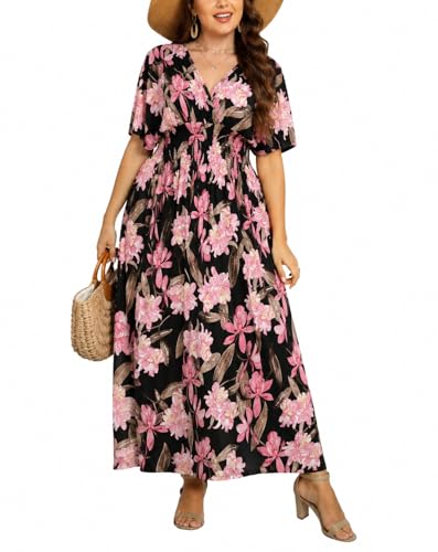 Image of OSTOO Women's Plus Size Hawaii Empire Waist Bat Short Sleeve Casual Floral Print Boho Maxi Dress