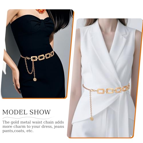 Waist Chain Belt, Metal Belt for Women, Chunky Belly Link Belt, Adjustable Stylish Square Body Link Belts, Stylish Belly Jewelry for Dresses Jeans(Gold)4