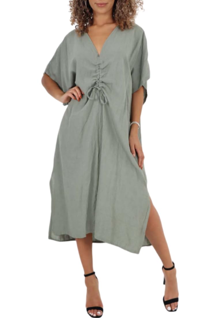 Abito da donna con scollo a V italiano con coulisse frontale casual a pipistrello a maniche corte con spacco laterale in lino vestito da festa