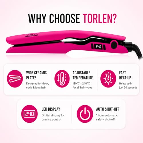 Image of TORLEN Signature Pro Hair Straightener TOR-043 | Wide Tourmaline Ceramic Plates for Thick, Curly & Long Hair | 3D Floating Plates | Fast Heat-Up in 30 Sec | Adjustable Temp 130C-240C | Keratin & Rebonding Ready | Salon Finish at Home (Pink)